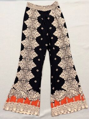 World Market Palazzo Pants Damask Boho Wide Leg 100% Rayon Pants Black Size S/M